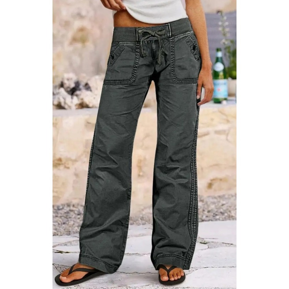 Flamingals XS Gray Solid Seam Detail Drawstring Mid Rise Straight Leg Pants